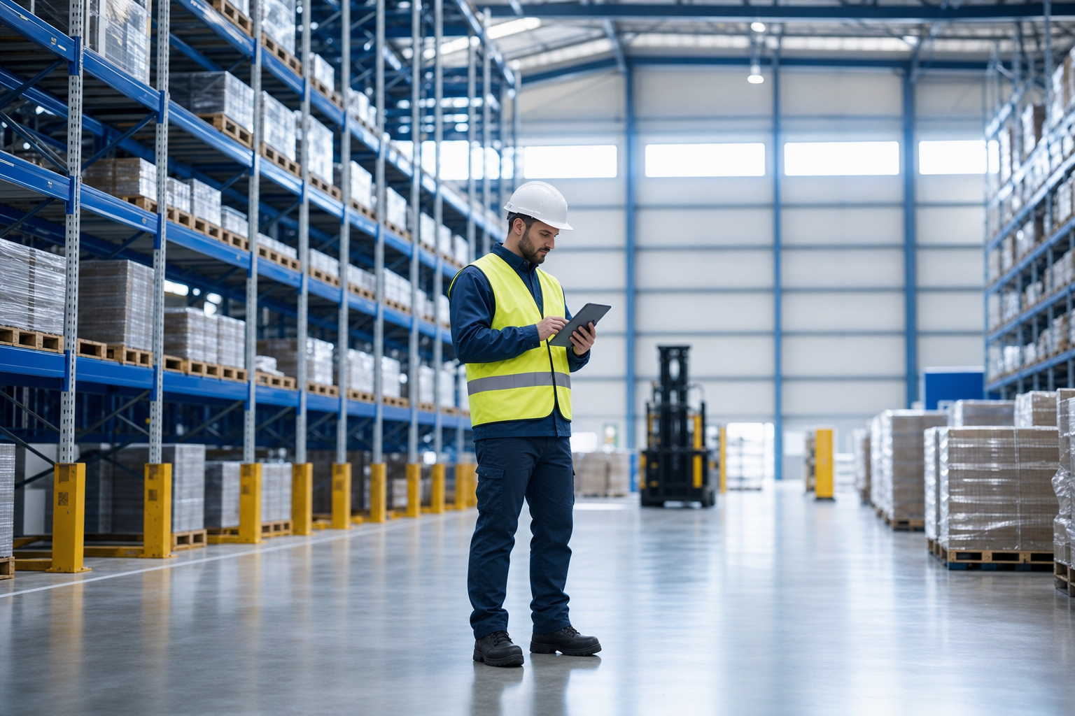 Safety manager reviewing incident records in a modern warehouse